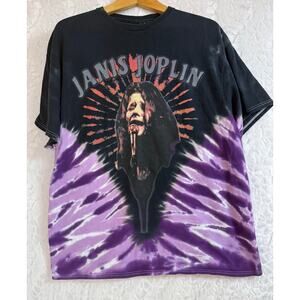 Janis Joplin 60s Hippie Music Black T-Shirt Purple Tie-Dye Short Sleeve Large